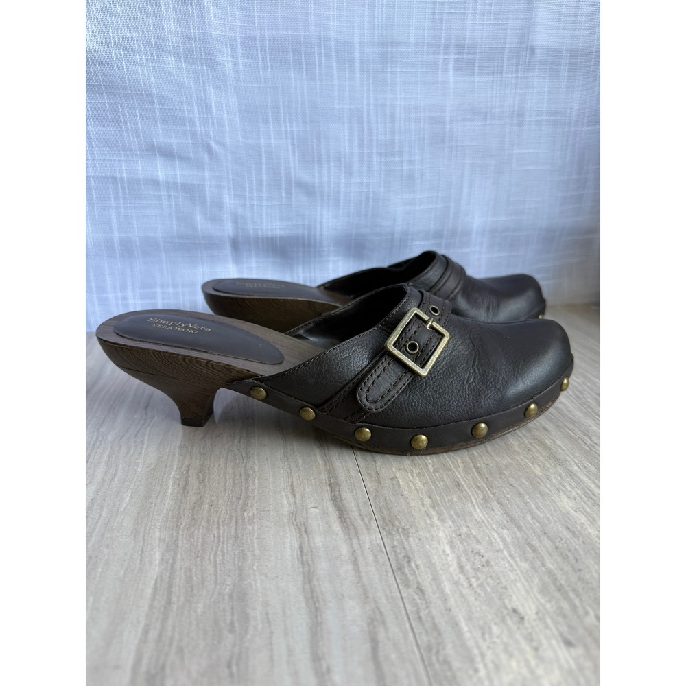 Vera Wang Brown Buckle Mules Chunky Wooden Kitten Heel Clogs Studded Sz 10 Boho - Picture 11 of 12